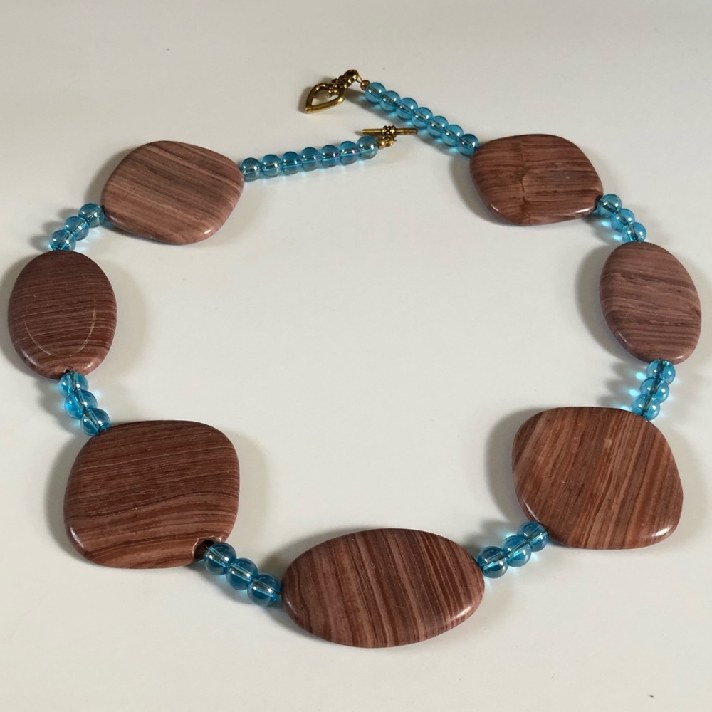 Wood Marble and Blue Glass beads Necklace